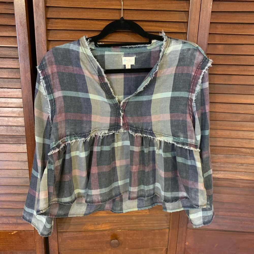Distressed Plaid Long Sleeve Peplum Top NWOT